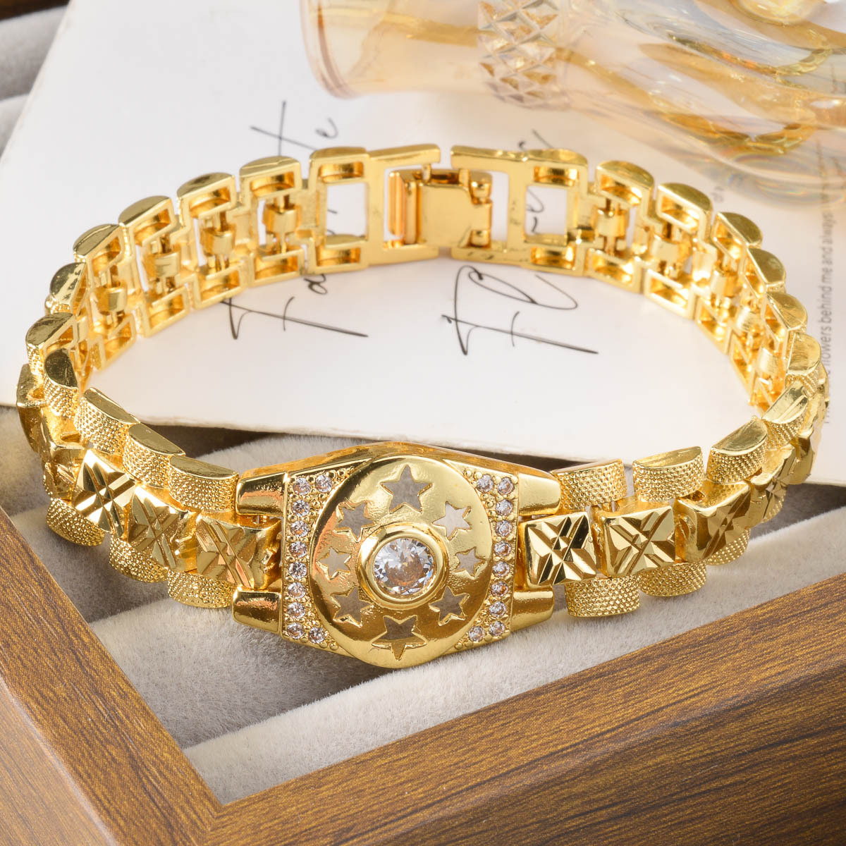 Middle Eastern Directional Zirconia Hollow Starburst Watch Chain Bracelet